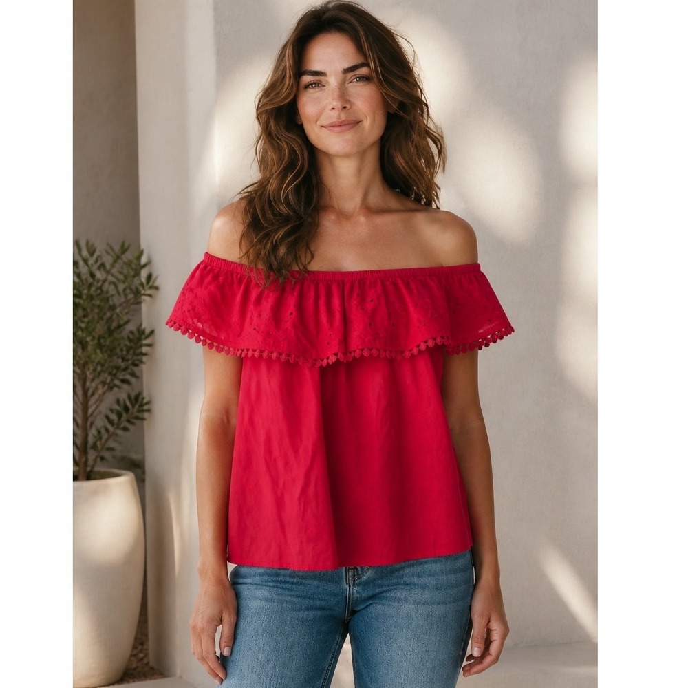 Rafaella Weekend Off Shoulder Top Women XL Pink Eyelet Ruffle Blouse